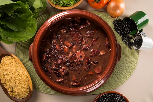 Brazilian Feijoada Food. Top view with copy space.