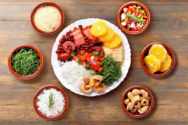 Brazilian feijoada traditional food from Brazil cuisine on white plate over rustic wooden table