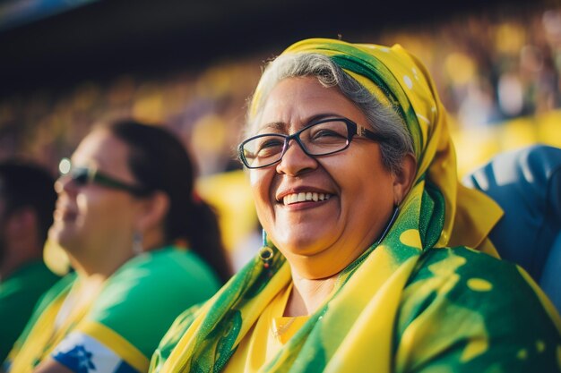 사진 월드컵 경기장에서 국가 대표팀을 지원하는 브라질 여자 축구 축구 팬