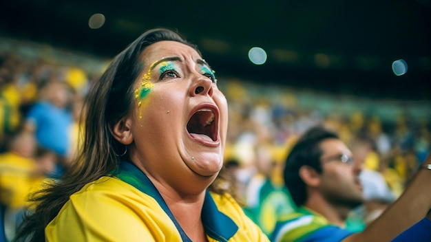 Brazilian female football soccer fans in a world cup stadium supporting the national team