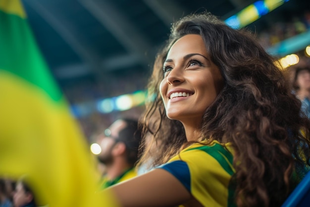 ワールドカップスタジアムで代表チームを応援するブラジルの女子サッカーファン