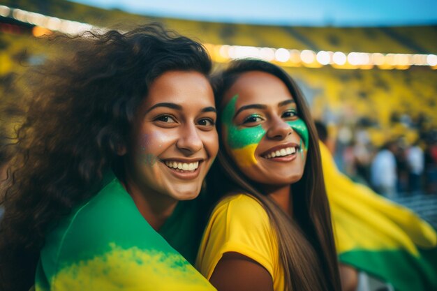 Brazilian female football soccer fans in a World Cup stadium supporting the national team