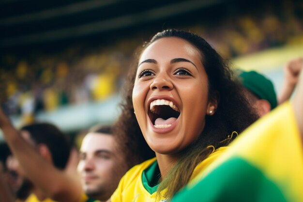 Brazilian female football soccer fans in a World Cup stadium supporting the national team