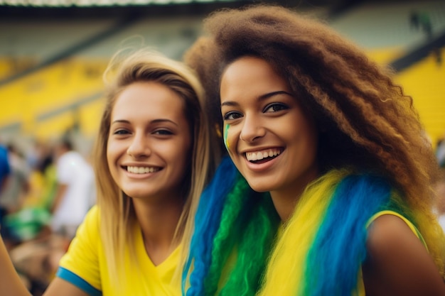 ワールドカップスタジアムで代表チームを応援するブラジルの女子サッカーファン