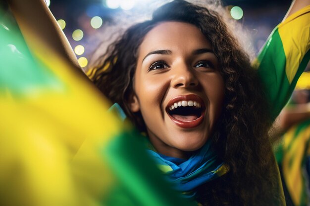 Foto tifosi di calcio femminili brasiliani in uno stadio della coppa del mondo che sostengono la squadra nazionale