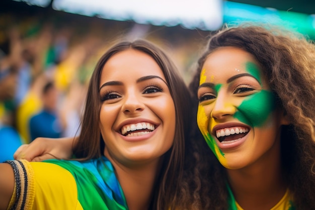 Brazilian female football soccer fans in a World Cup stadium supporting the national team