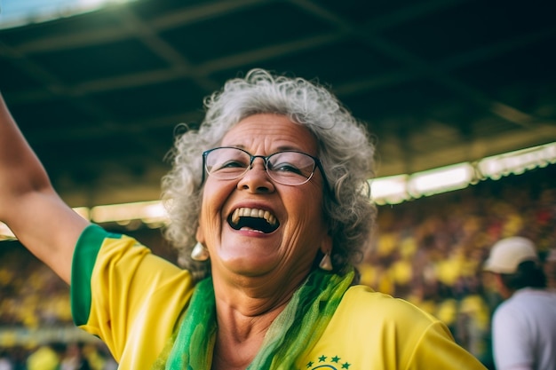 Brazilian female football soccer fans in a World Cup stadium supporting the national team