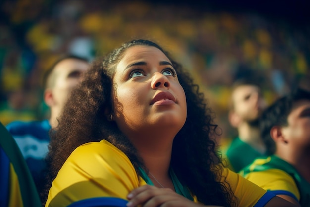 Brazilian female football soccer fans in a World Cup stadium supporting the national team