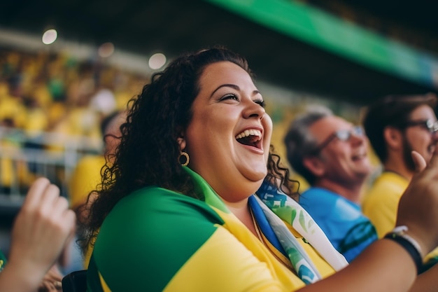 Brazilian female football soccer fans in a World Cup stadium supporting the national team