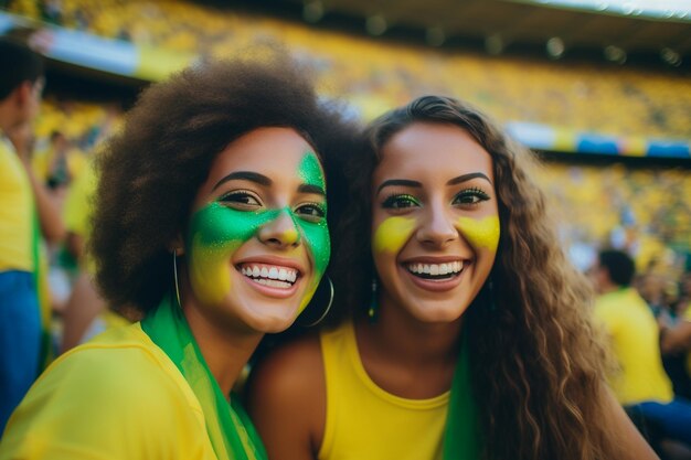 Brazilian female football soccer fans in a World Cup stadium supporting the national team