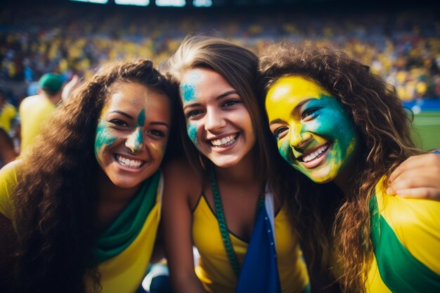 Brazilian female football soccer fans in a World Cup stadium supporting the national team