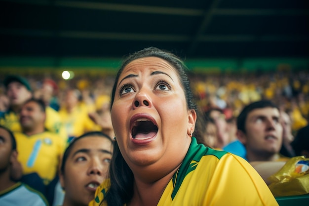 Бразильские футбольные болельщики на стадионе чемпионата мира поддерживают национальную команду