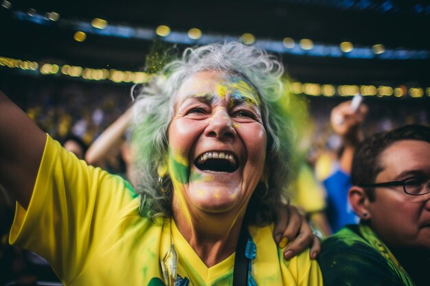 Brazilian female football soccer fans in a World Cup stadium supporting the national team