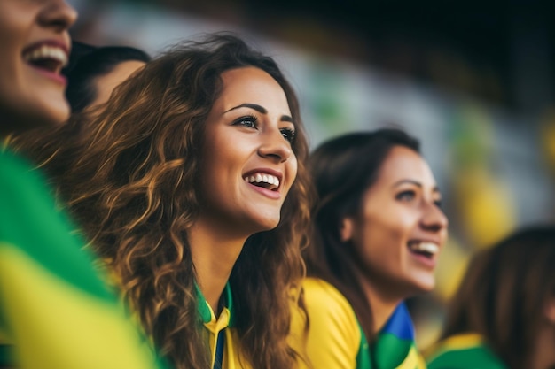 Photo brazilian female football soccer fans in a world cup stadium supporting the national team