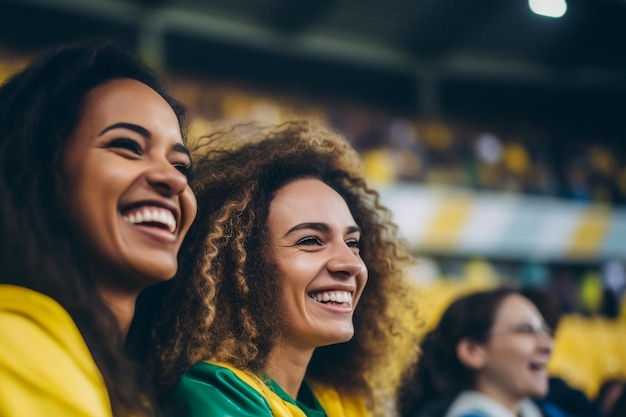 Brazilian female football soccer fans in a World Cup stadium supporting the national team