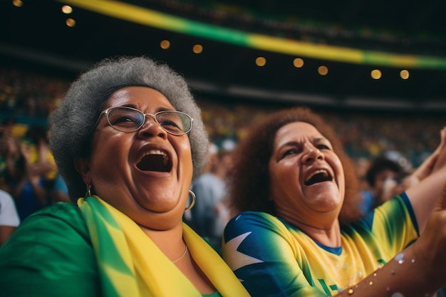 Brazilian female football soccer fans in a World Cup stadium supporting the national team