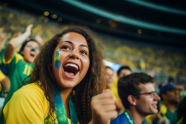 Brazilian female football soccer fans in a World Cup stadium supporting the national team