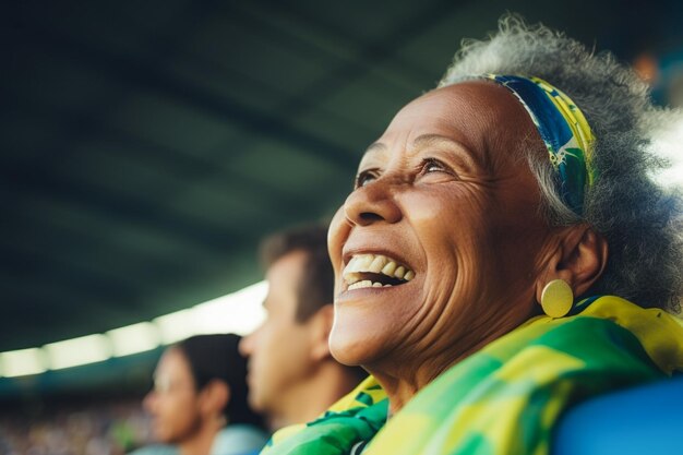 ワールドカップのスタジアムでブラジルの女子サッカーファンが代表チームを応援している