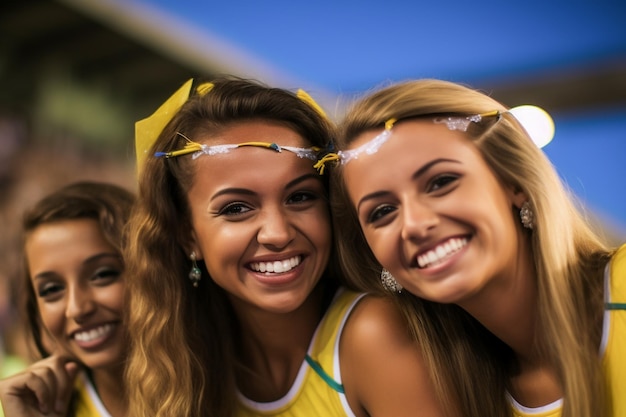 Photo brazilian female football soccer fans in a world cup stadium supporting the national team