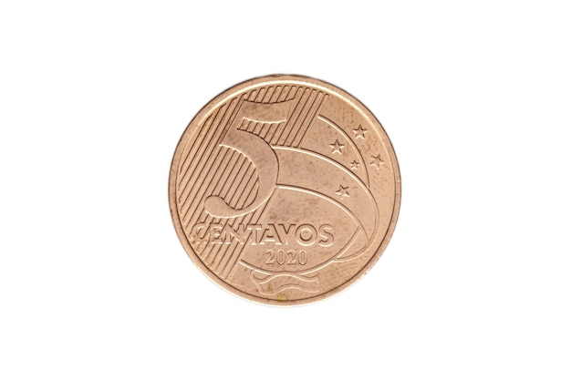 Brazilian five real cents coin on white background