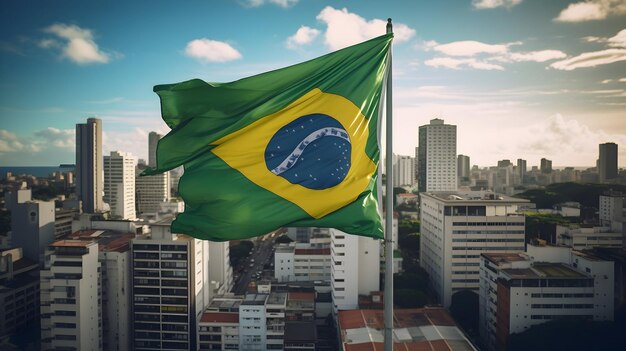 The Brazilian flag waving gracefully on a rooftop