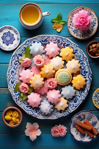 Brazilian Floral Dessert in a pink and pastel blue palette floral folk style