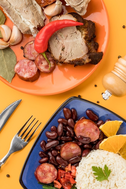 Brazilian food arrangement flat lay