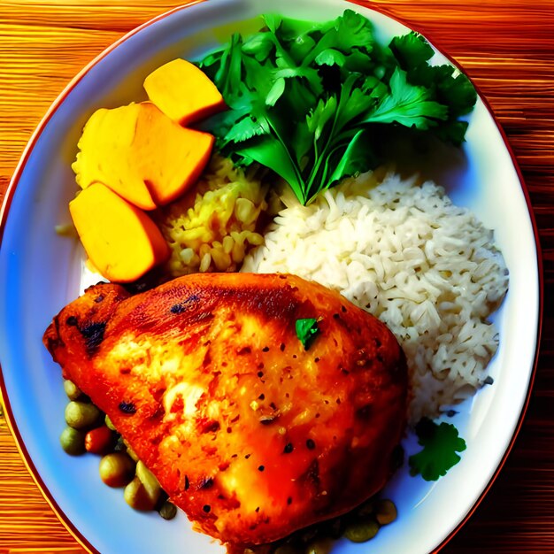 Brazilian food chicken and rice galinhada mineira closeup on a plate on a table