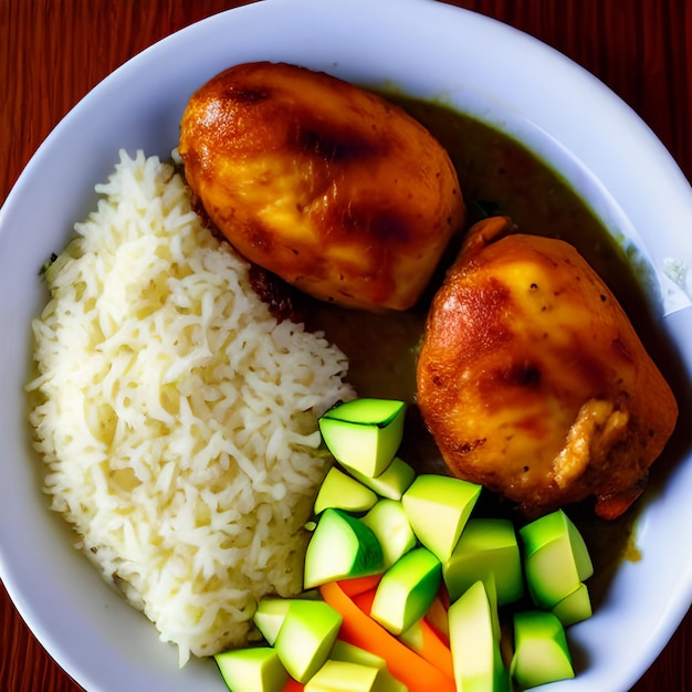 Brazilian food Chicken and rice Galinhada Mineira closeup on a plate on a table