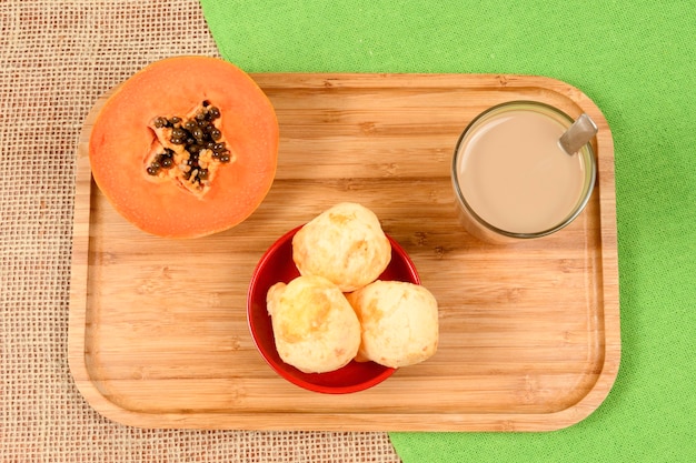 Brazilian Food Guide - Breakfast, with coffee with milk, cheese bread and papaya fruit