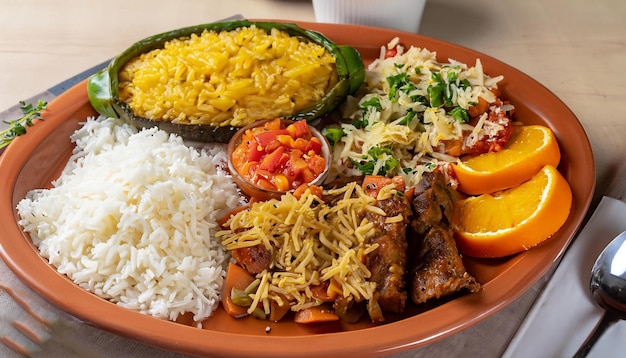 Brazilian food is typically and traditionally served with rice farofa oranges and pepper