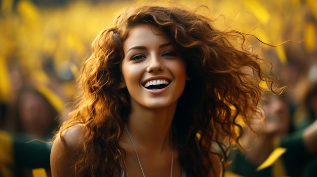 브라질 축구 팬이 월드컵 경기에서 환호하는 웃는 여성 행복한 시간 스포츠 개념