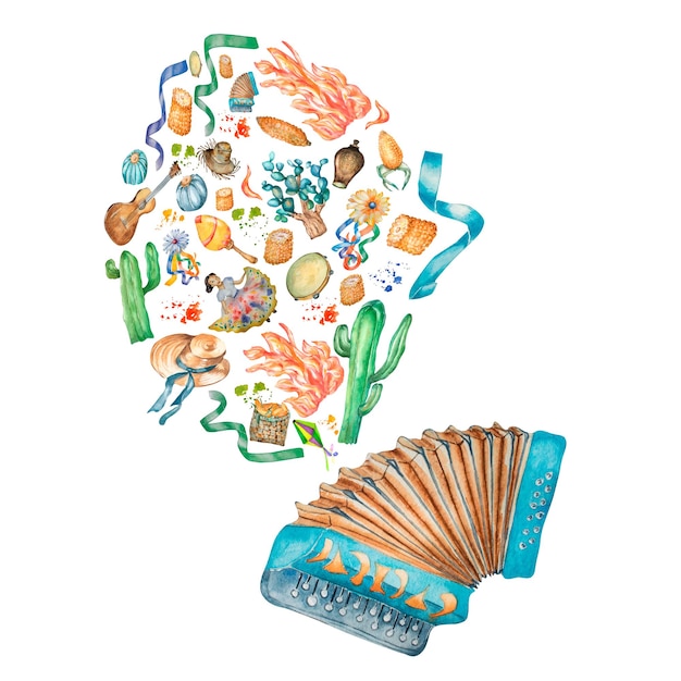 Бразильский июньский фестиваль с акварельной иллюстрацией аккордеона
