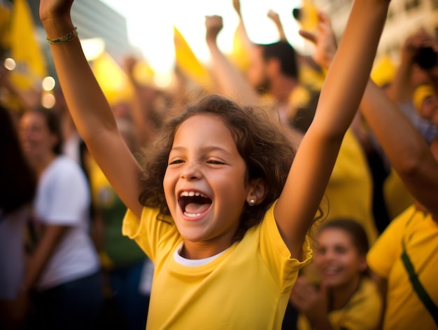 Brazilian kid celebrates his soccer teams victory