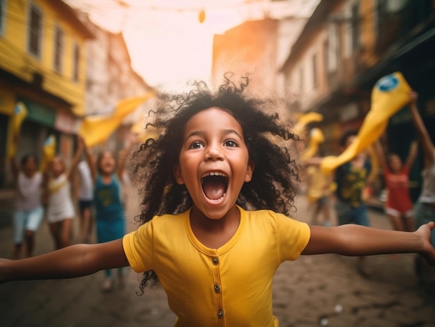 Brazilian kid celebrates his soccer teams victory