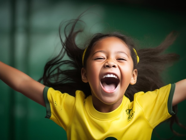 Brazilian kid celebrates his soccer teams victory