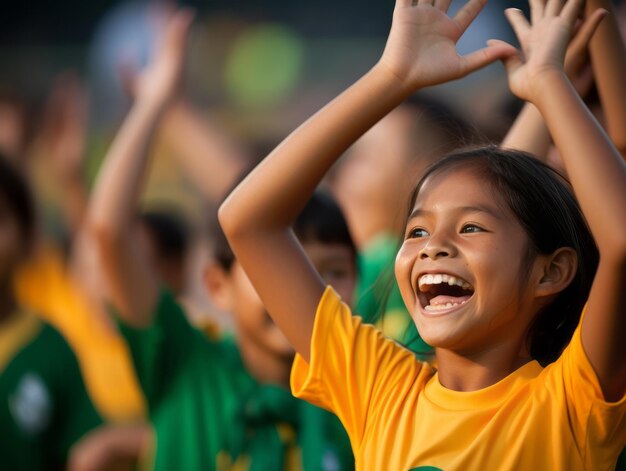 ブラジルの少年がサッカーチームの勝利を祝う