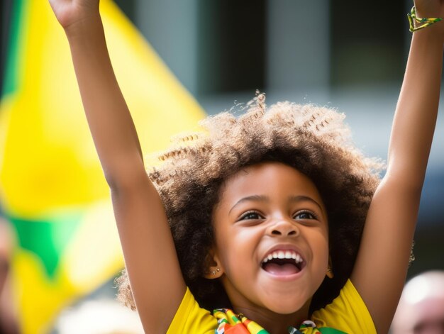 Brazilian kid celebrates his soccer teams victory