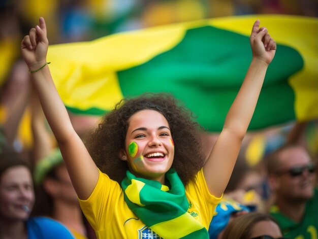 Photo brazilian kid celebrates his soccer teams victory