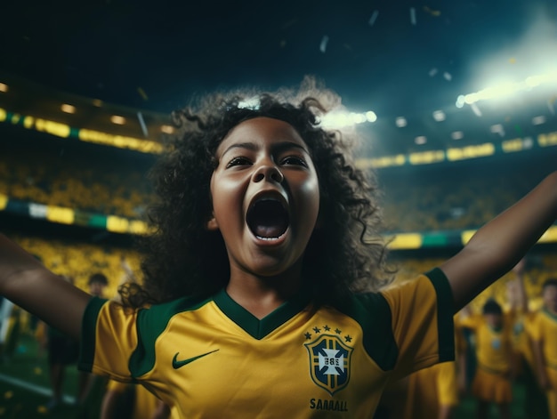 Brazilian kid celebrates his soccer teams victory