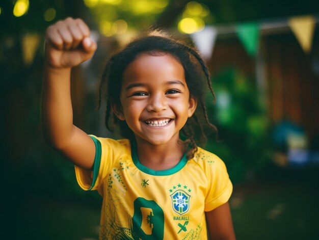 写真 ブラジル人の子供がサッカーチームの勝利を祝う