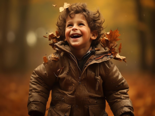 가을 배경에서 장난스럽고 감성적인 역동적인 포즈를 취하는 브라질 아이