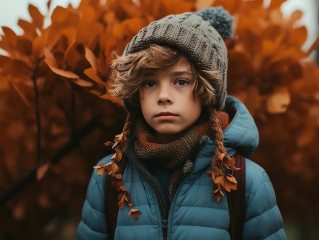 Brazilian kid in playful emontional dynamic pose on autumn background