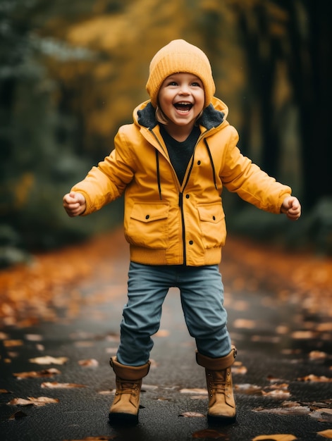 Brazilian kid in playful emontional dynamic pose on autumn background