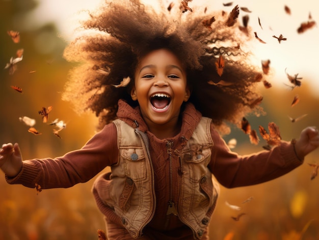 Brazilian kid in playful emontional dynamic pose on autumn background