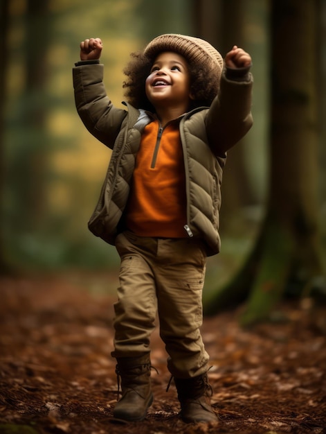 Brazilian kid in playful emontional dynamic pose on autumn background