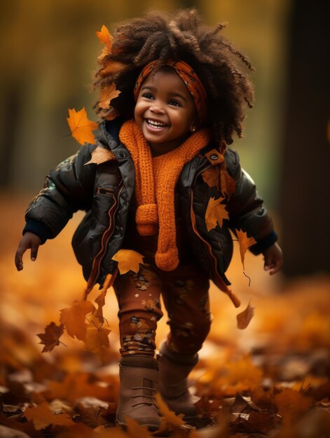 Brazilian kid in playful emontional dynamic pose on autumn background