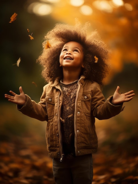 Brazilian kid in playful emontional dynamic pose on autumn background