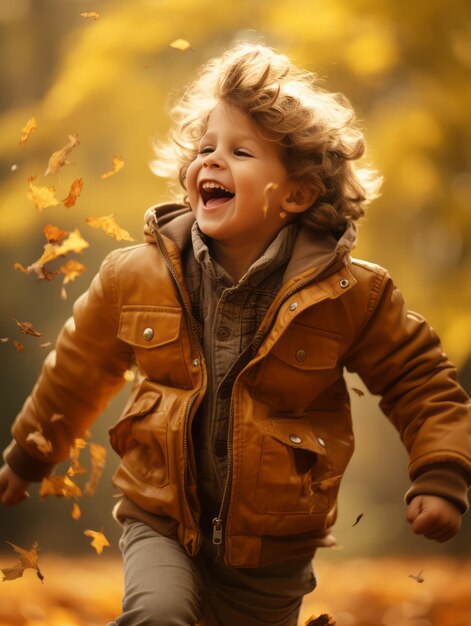 Brazilian kid in playful emontional dynamic pose on autumn background