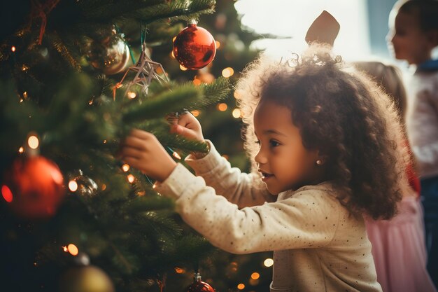 Photo brazilian kids decorating the christmas tree